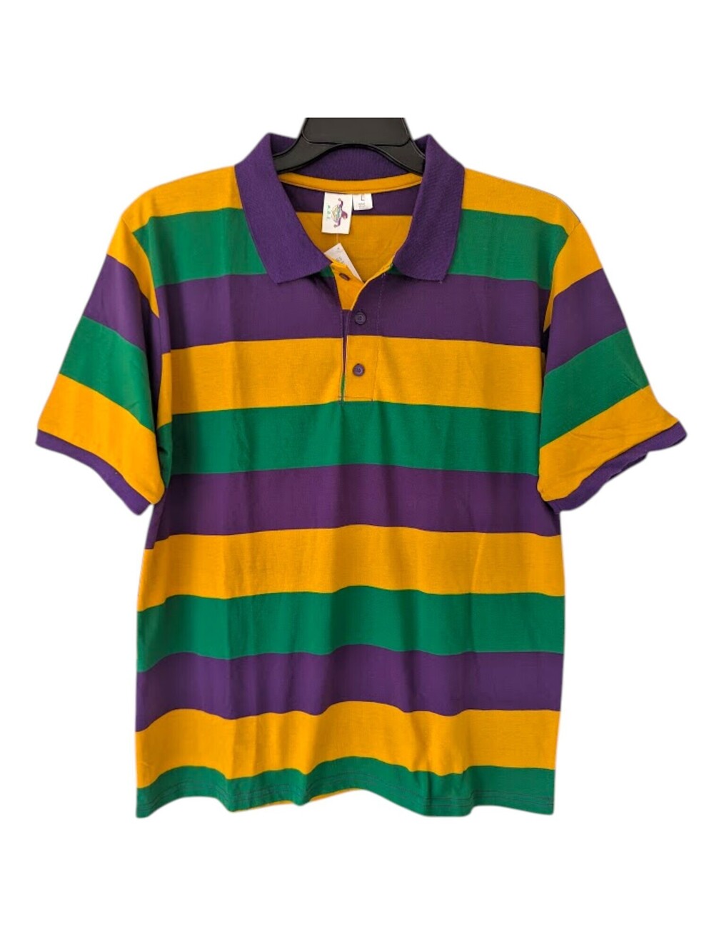 NWT Mardi Gras Polo Shirt Mens L Striped Purple Green Gold Festive Tee 22.5x28